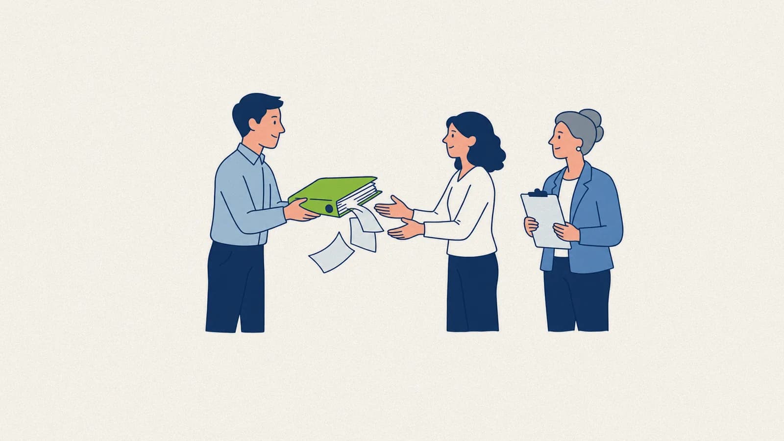 A departing employee handing a thick binder to a colleague, the knowledge that leaves with turnover