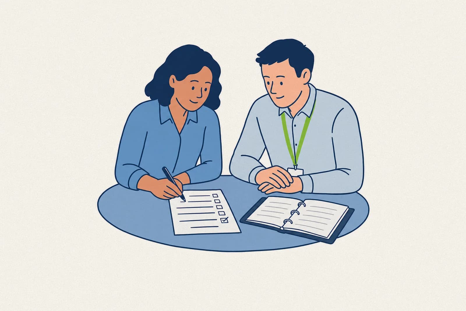 A health and safety liaison officer and the employer filling in a small workplace prevention action plan
