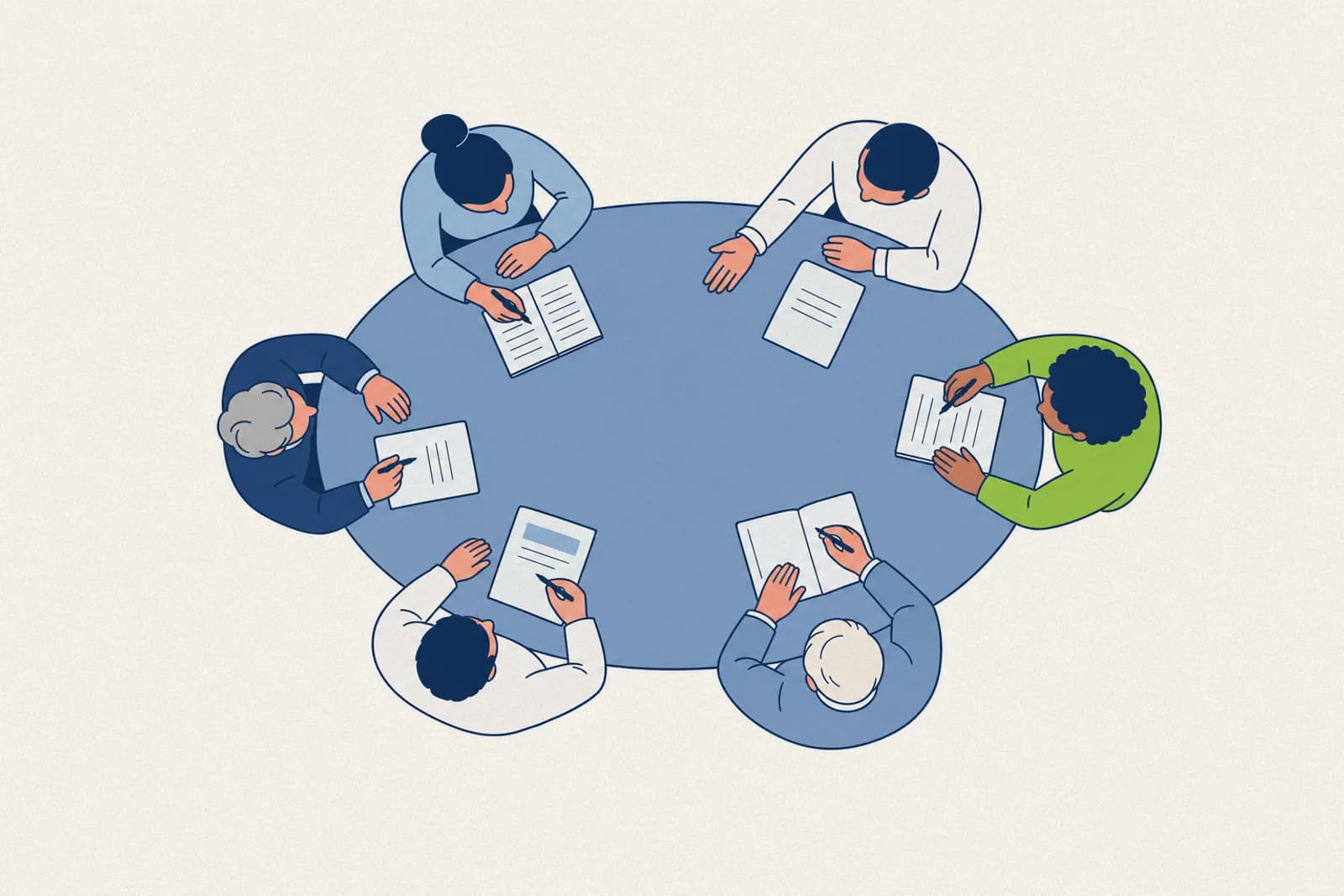 A six-person francization committee working around a table with notes in view