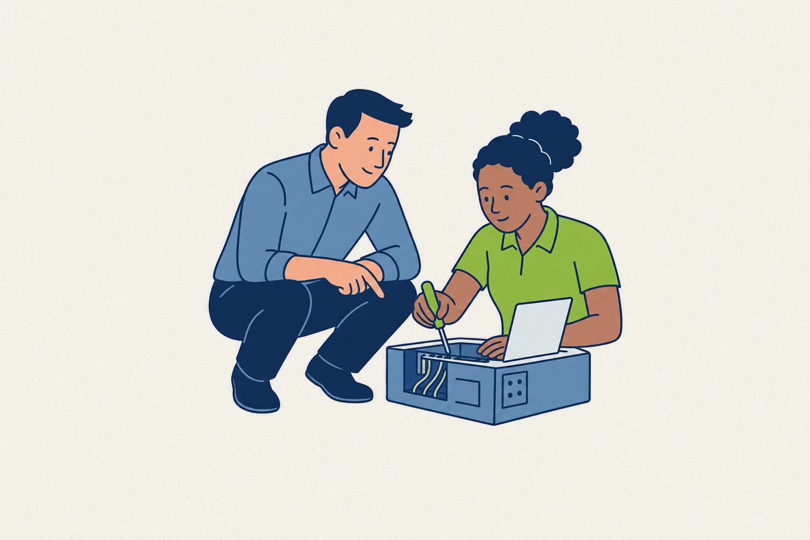 A front-line manager coaching a team member at a workstation, delivering the employer brand promise