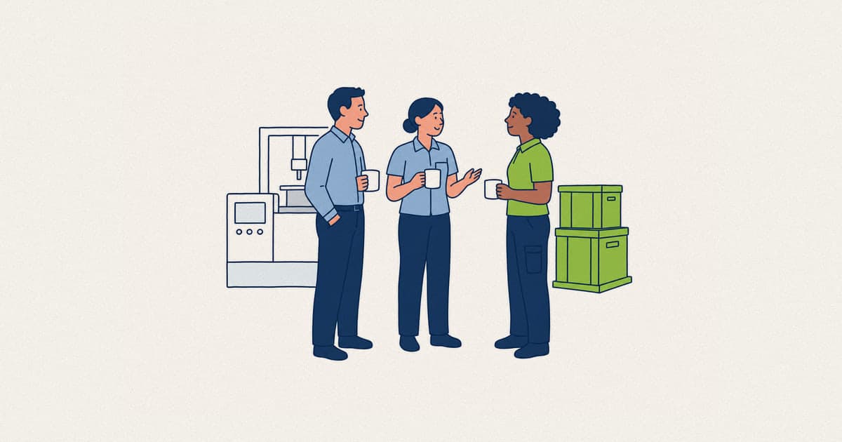Employees talking on a production floor, where employer branding is actually built