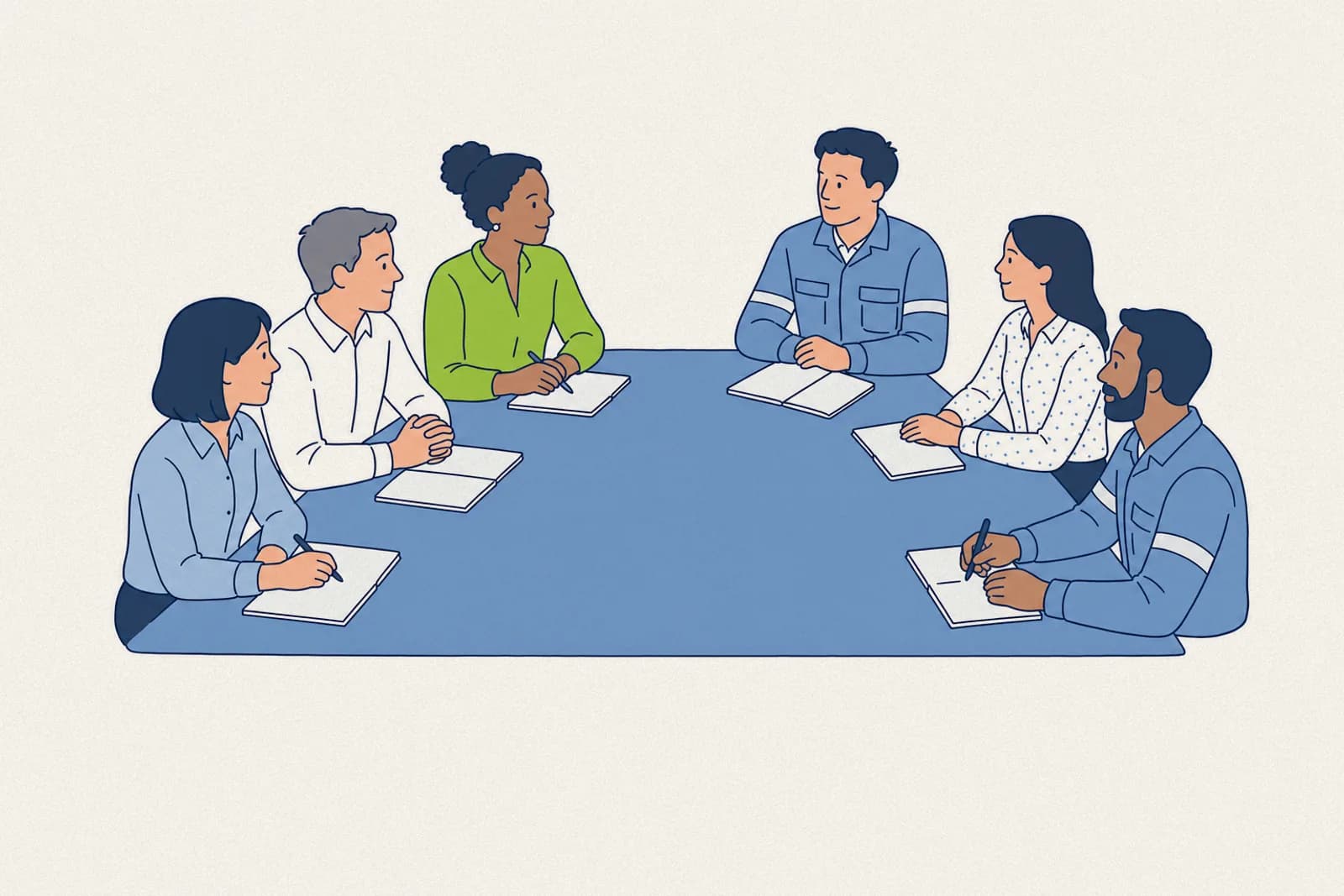 Comité de francisation de six personnes en réunion de travail avec des notes sur la table