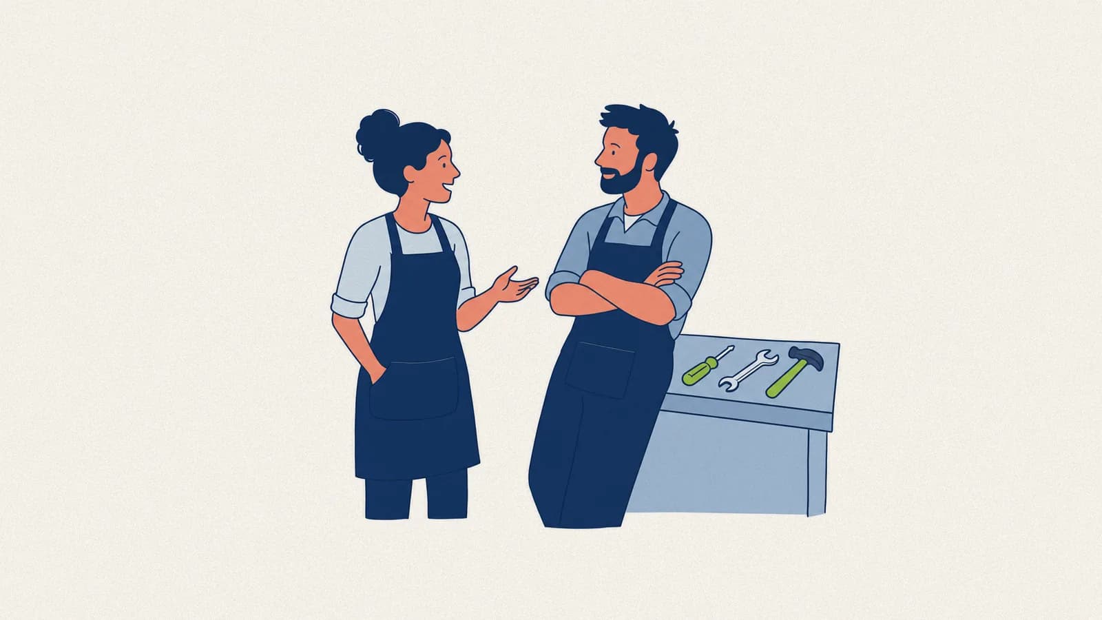 Deux employés en conversation informelle dans un atelier, ce que la marque employeur produit vraiment