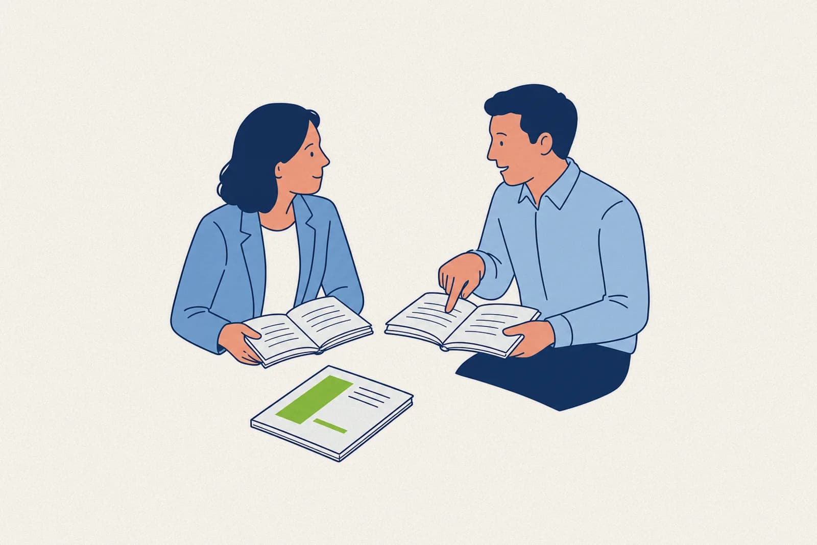 Two managers comparing interview notes alongside a psychometric test report