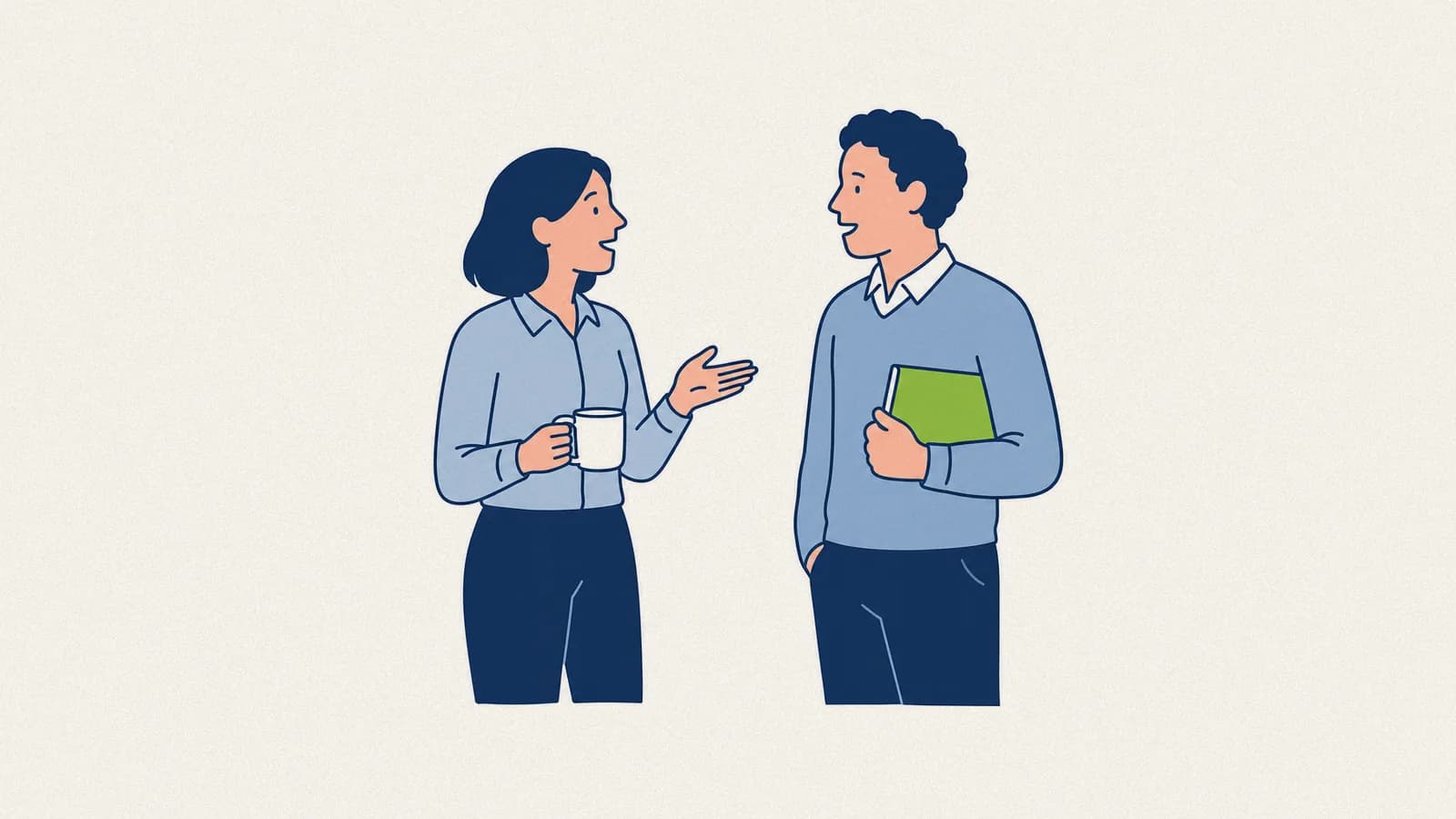 Gestionnaire et employé en conversation debout dans un corridor, une reconnaissance au travail concrète