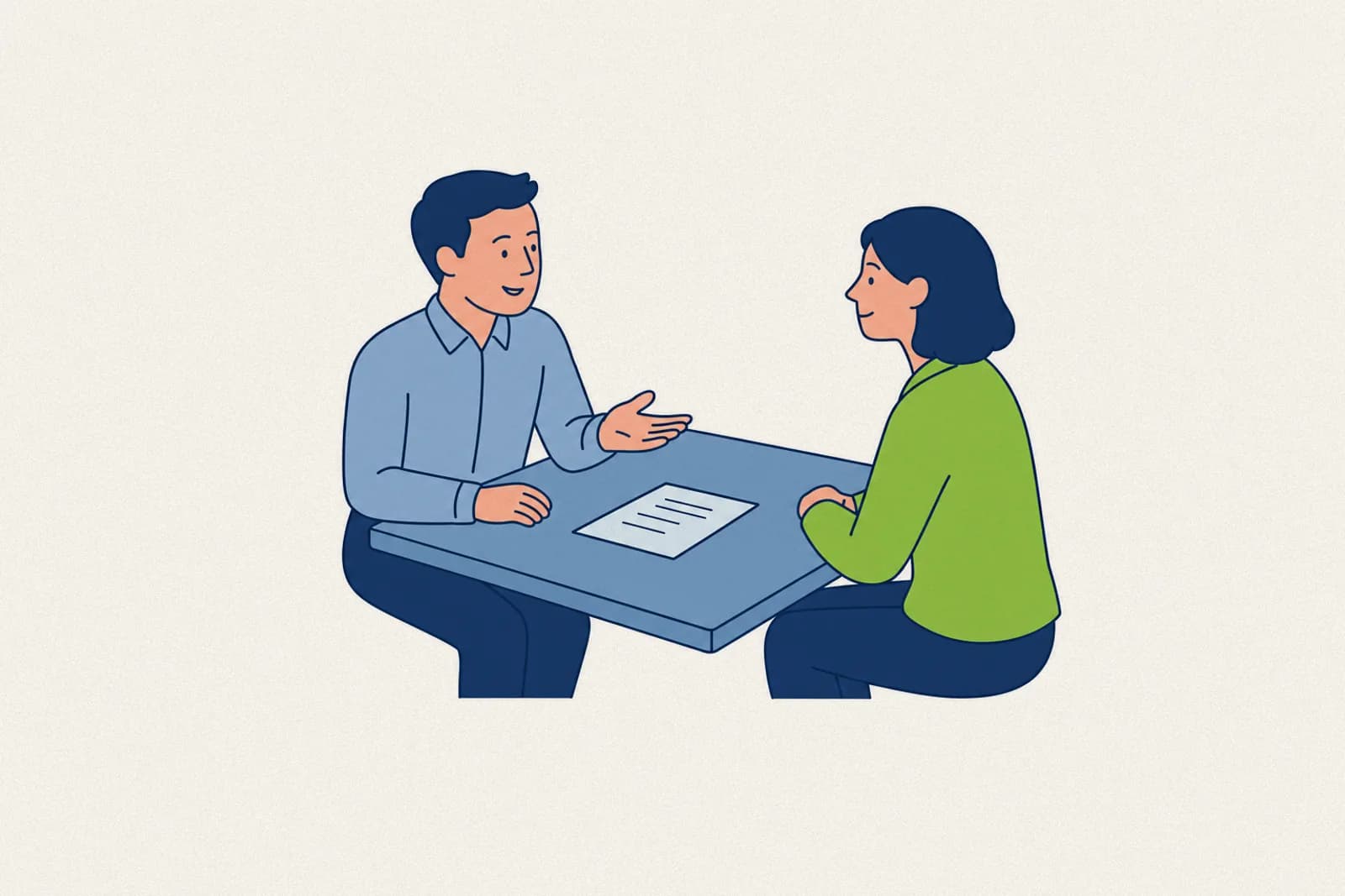 Gestionnaire et employé en rencontre de mi-année autour d'une grille d'évaluation du rendement