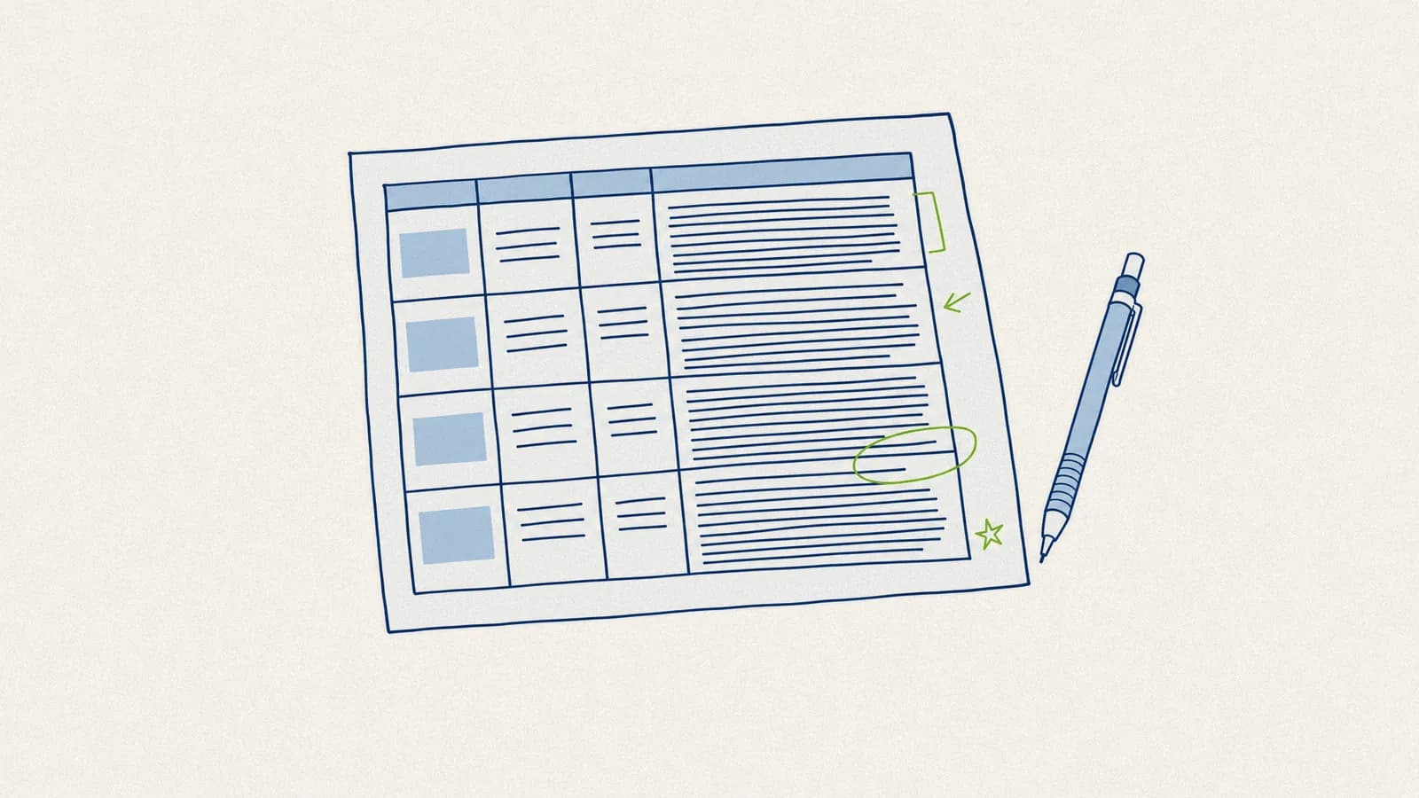 A printed performance review template annotated by hand with the evidence column filled in